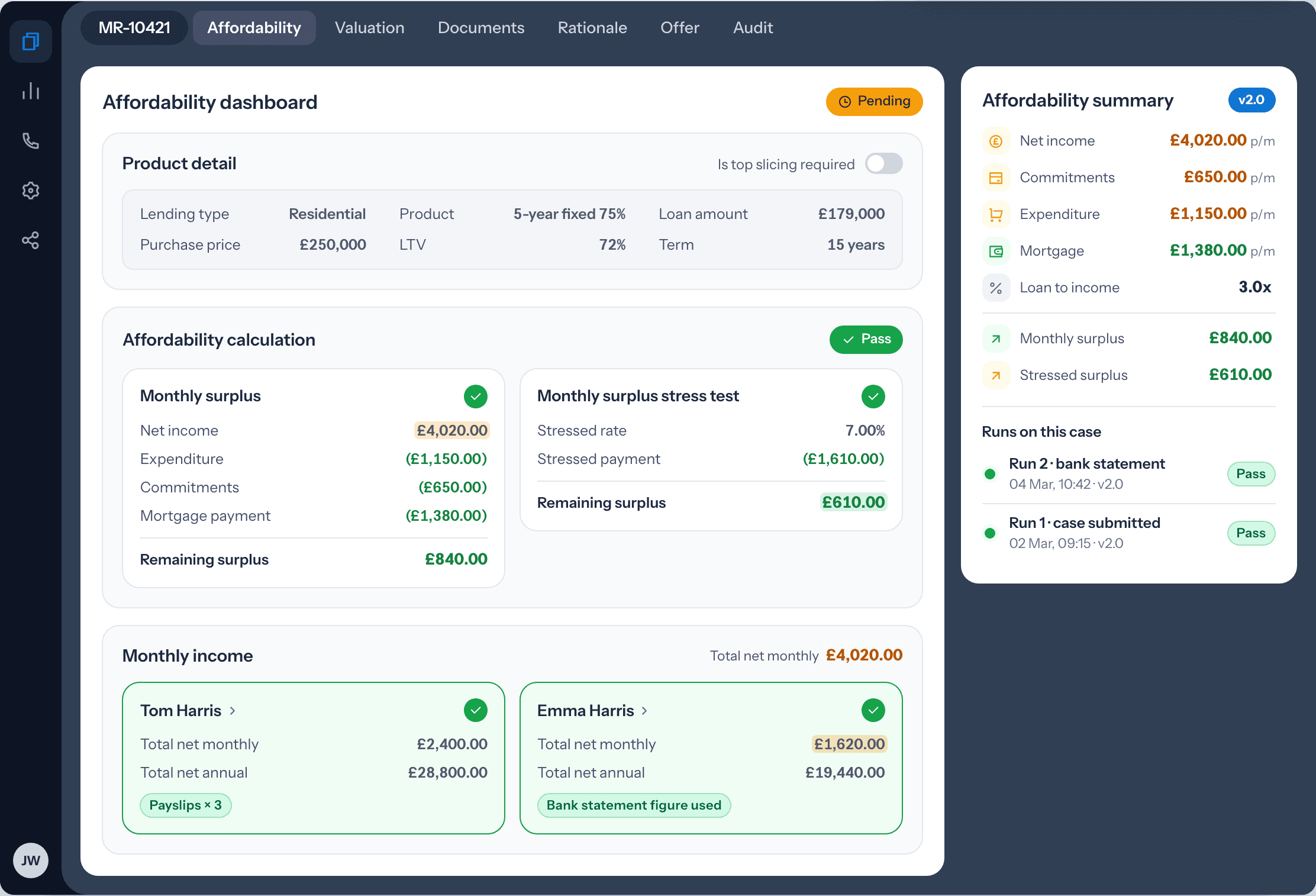 Mortgage Rail affordability agent: affordability dashboard with surplus and stress test