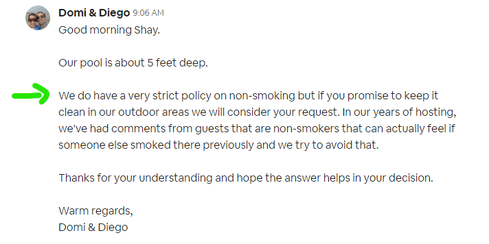 Reply to Airbnb guest regarding smoking outdoors