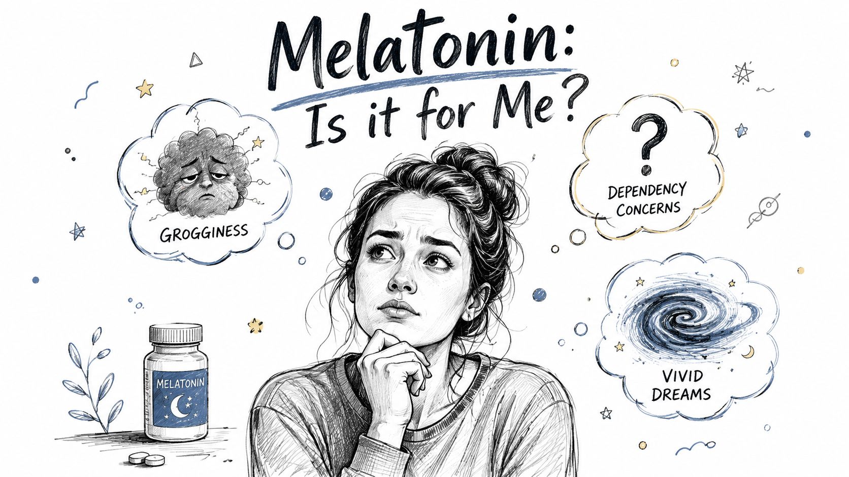 A sketched illustration of a woman contemplating the potential side effects of using melatonin supplements.