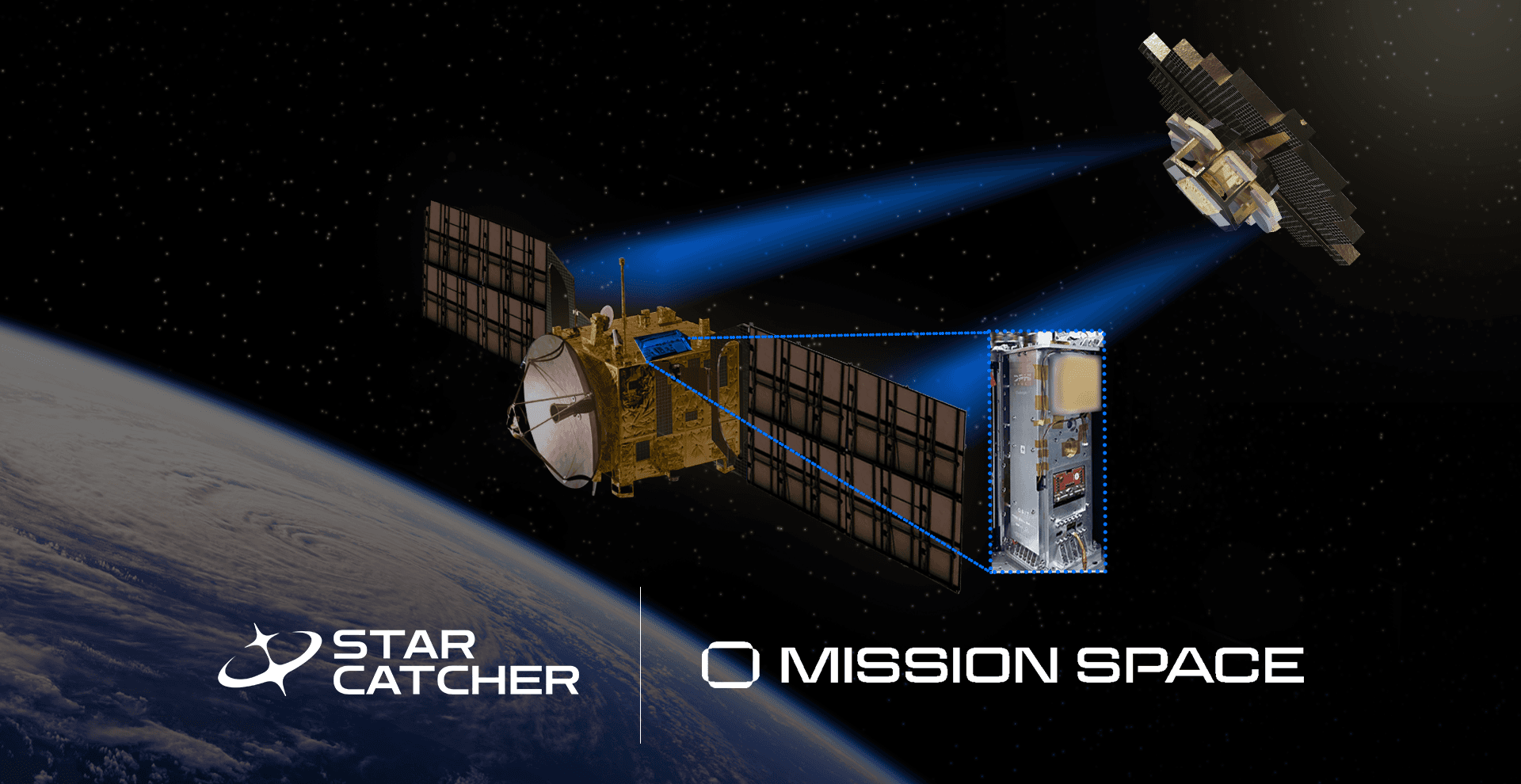 Satellite receiving wirelessly transmitted power from Star Catcher Power Node with a magnifying feature of Mission Space hardware with Mission Space and Star Catcher logos