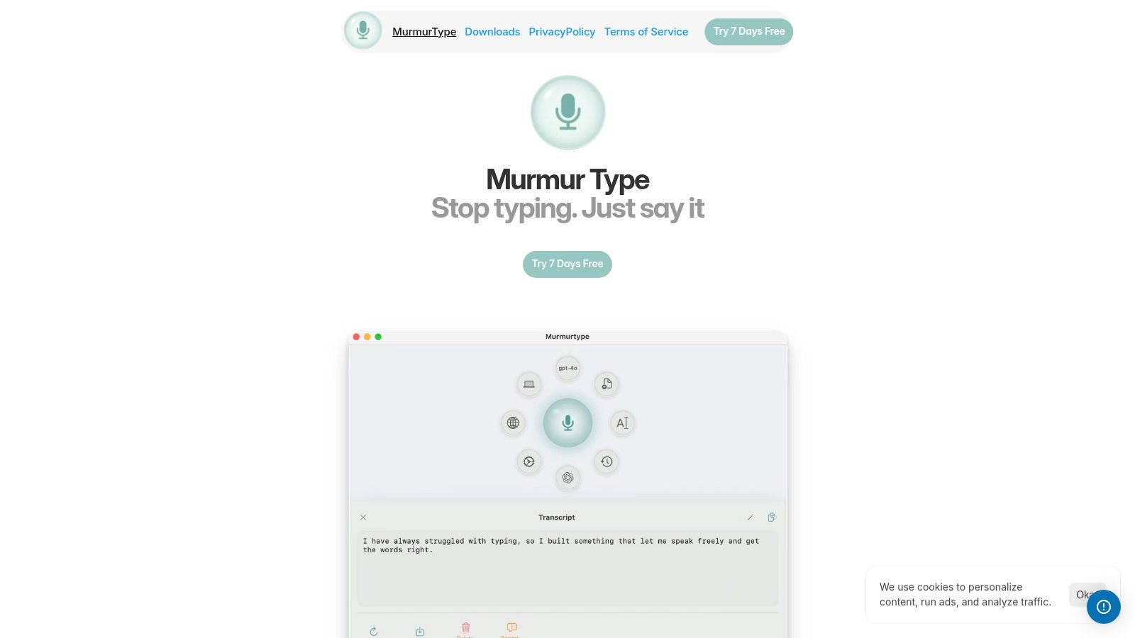 MurmurType user interface showcasing its clean design and transcription capabilities on a Mac.