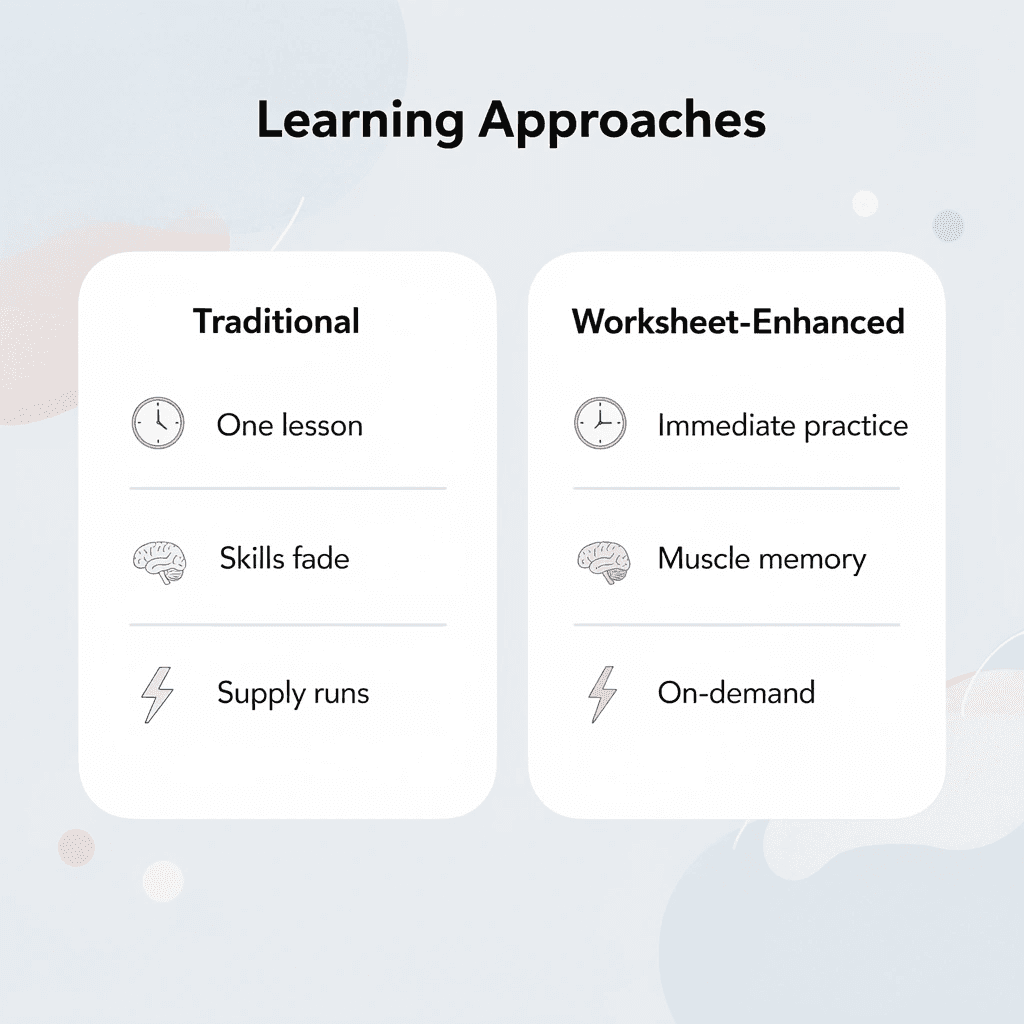 Comparison table showing traditional vs worksheet-enhanced learning approaches