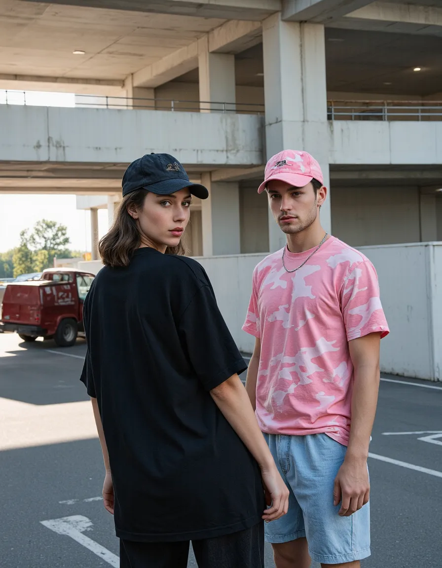 Two models in urban setting wearing black and pink outfits with baseball caps under concrete overpass