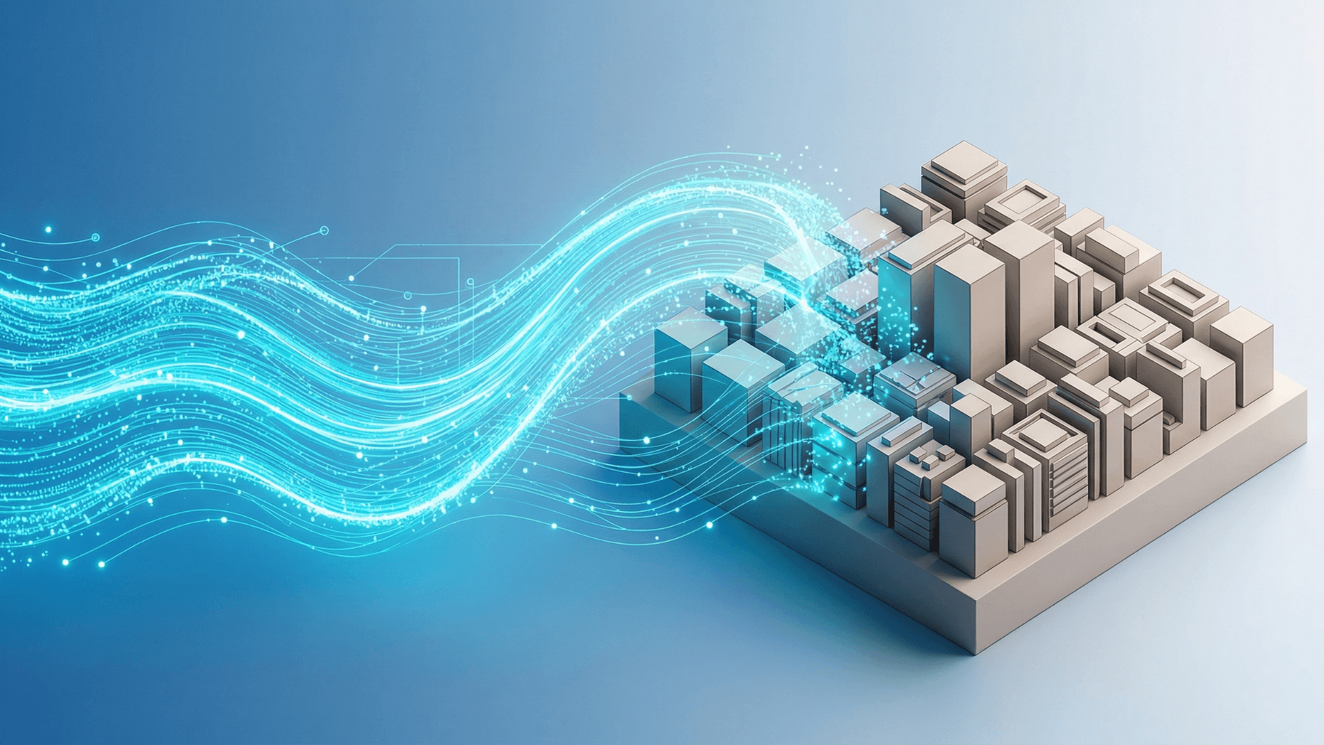 左側からのシアンブルーのデジタル変革の波が、右側に整然と並ぶ日本市場を象徴する幾何学的構造体に到達し始める瞬間を描いた3Dコンセプトイラスト