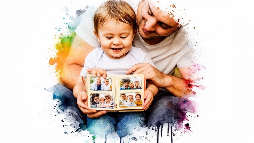 A loving father and his baby look at a small photo album amidst colorful watercolor splashes.