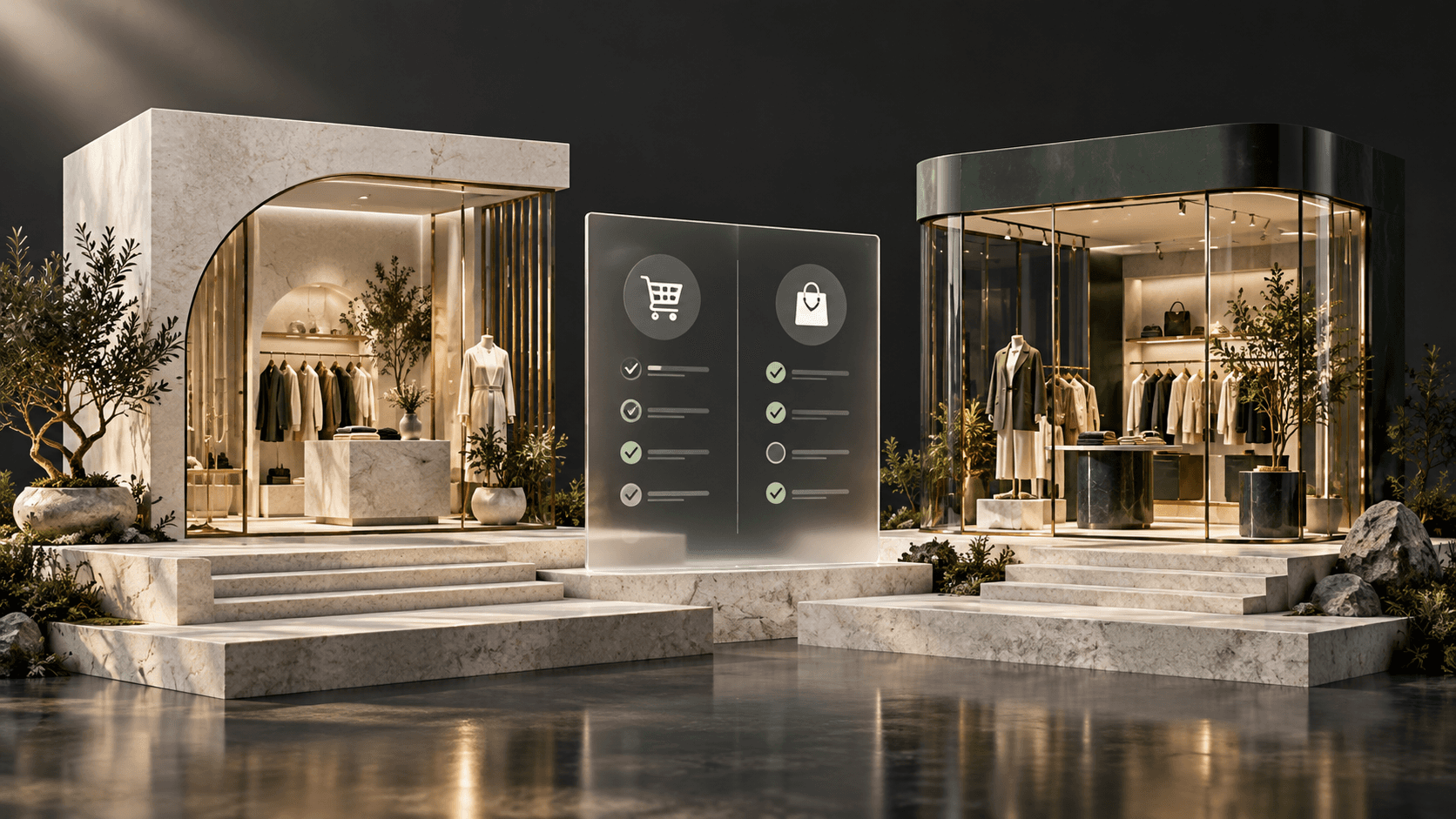 Two digital storefronts compared in an illustration about choosing an ecommerce platform.
