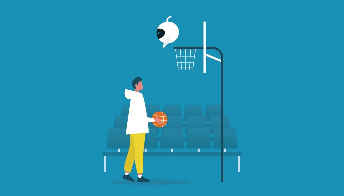 Illustration of a basketball player preparing to shoot while an AI robot hovers above the hoop, symbolizing how artificial intelligence is transforming sports.