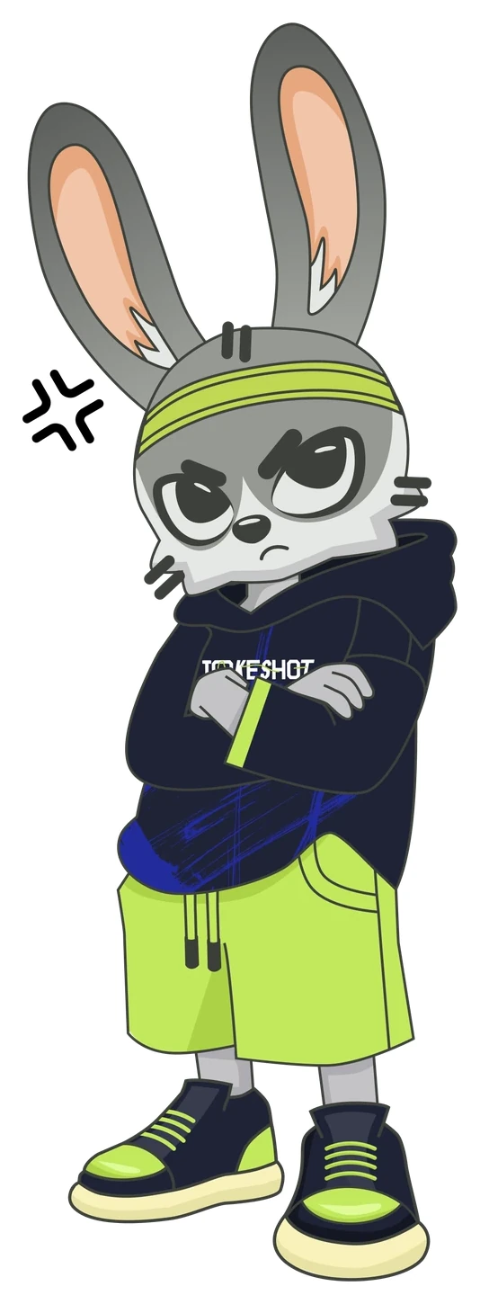 Mascot pose: arms crossed, fired up