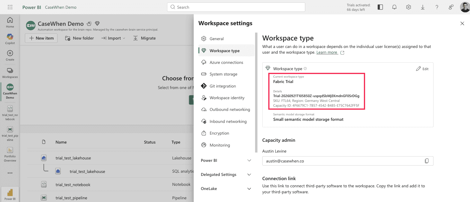 Fabric workspace settings showing current workspace type Fabric Trial and SKU FTL64 in Germany West Central, highlighted