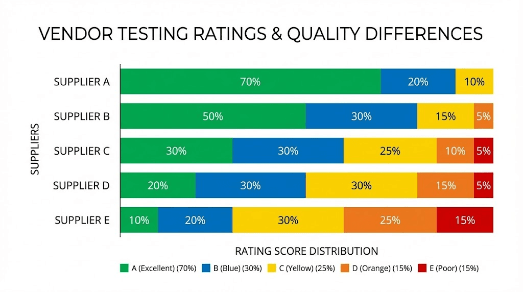 Retatrutide vendor quality ratings comparison chart showing Peptide Sciences E rating versus top-rated vendors