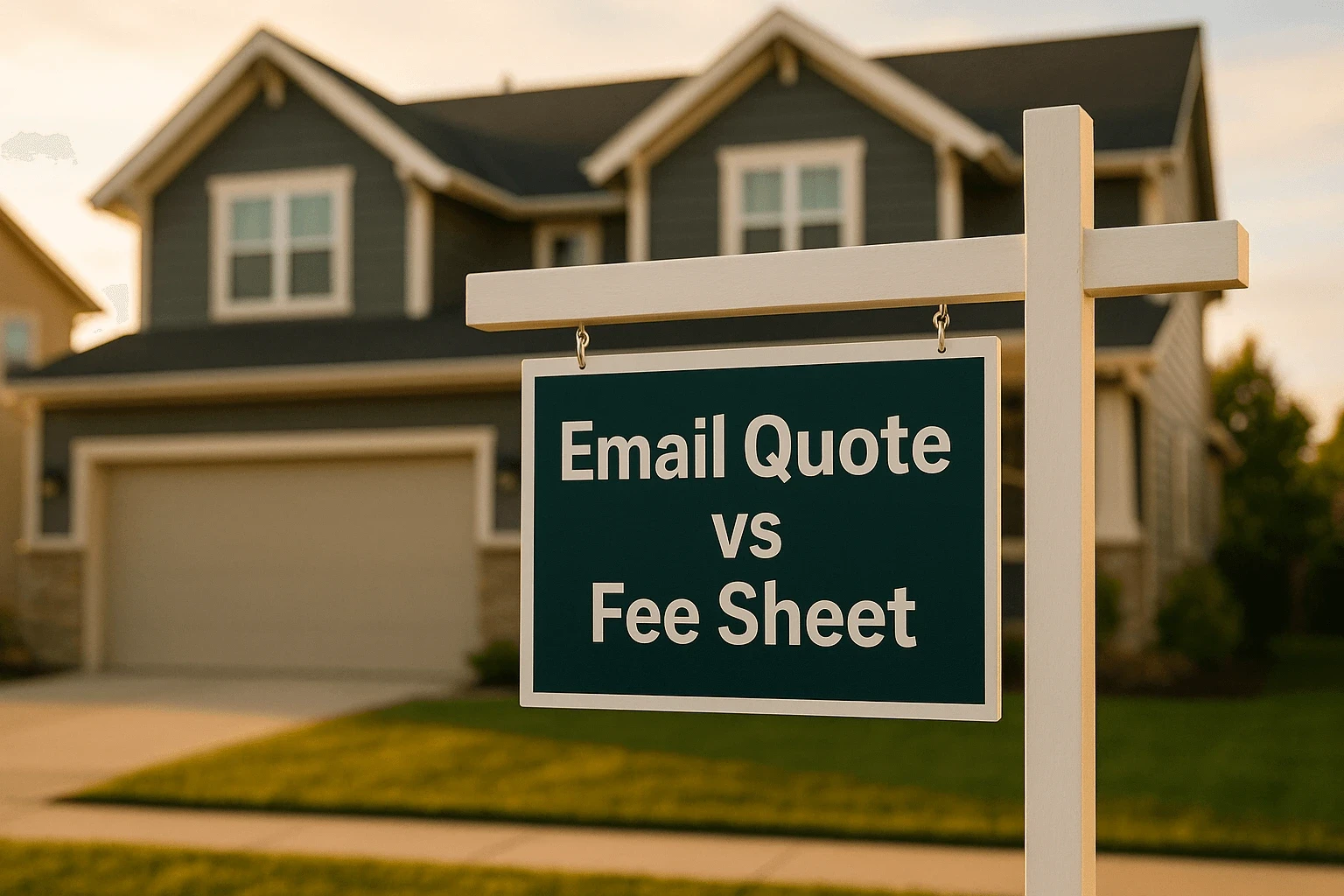 Real estate sign in front of a house displaying the words “Email Quote vs Fee Sheet”.