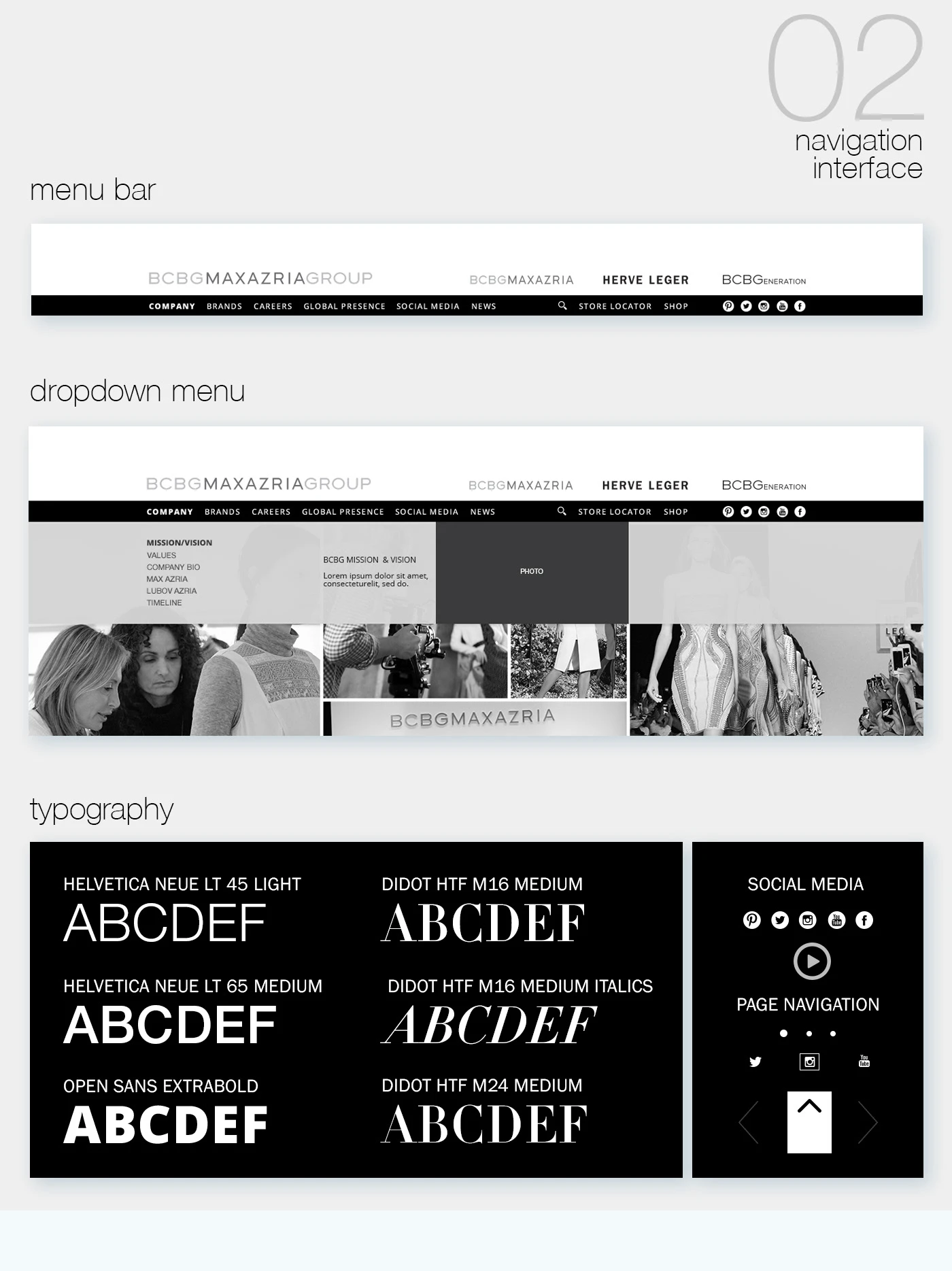 BCBGMAXAZRIA website navigation, dropdown menus, typography, and social icons.