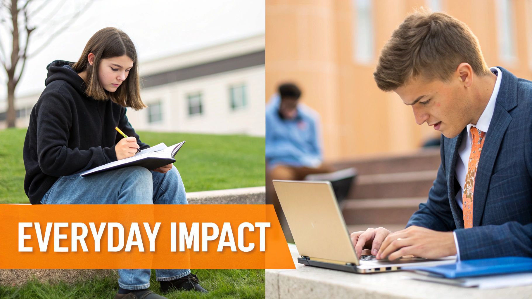 Two students studying outdoors: one writing in a notebook, another using a laptop.