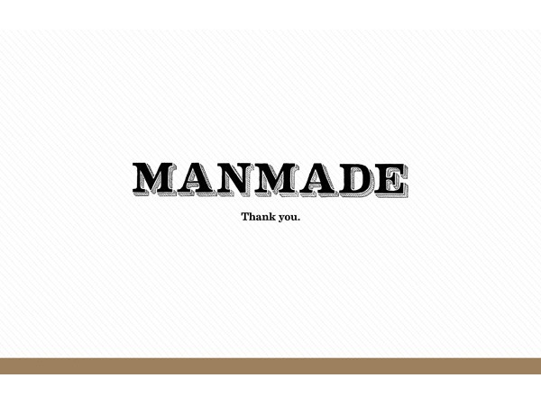 The image displays the word "MANMADE" in bold, stylized letters against a white background with a subtle diagonal striped pattern. Below the word, the phrase "Thank you." is written in a smaller, simpler font.