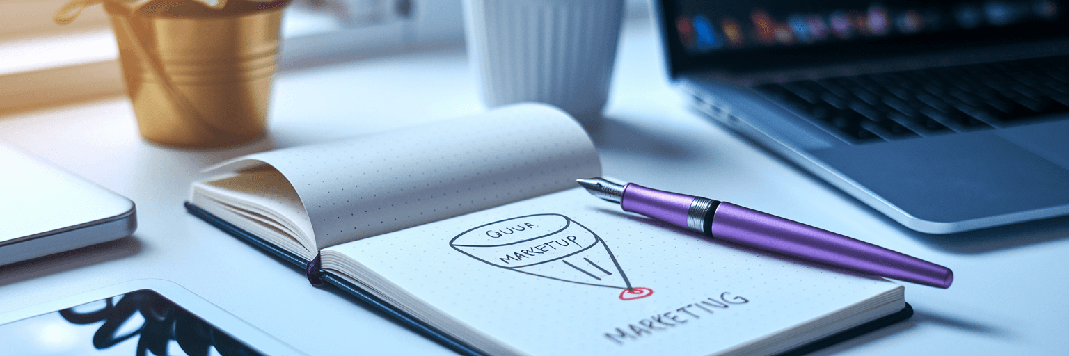Notebook with marketing funnel diagram on desk.