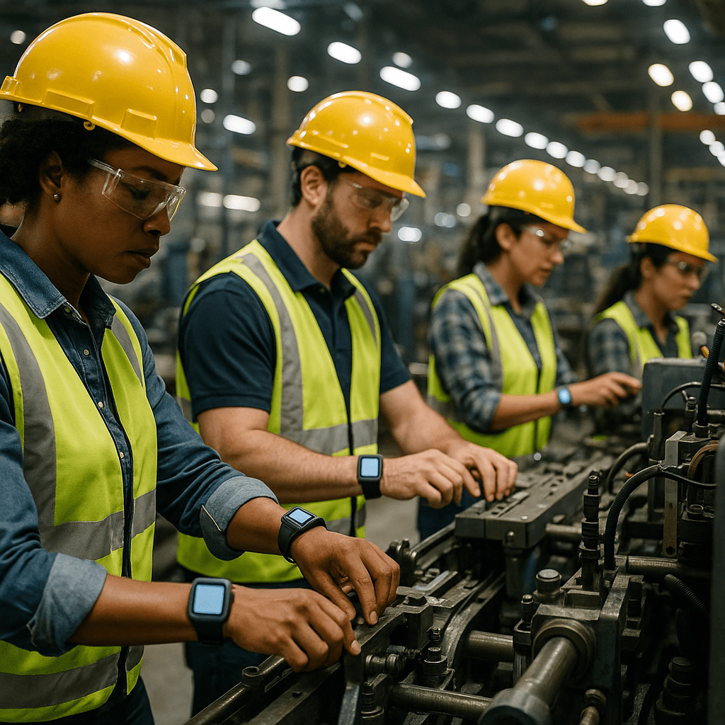 Diverse workers in manufacturing plant with wearable IoT devices displaying real-time ML risk alerts on screens.