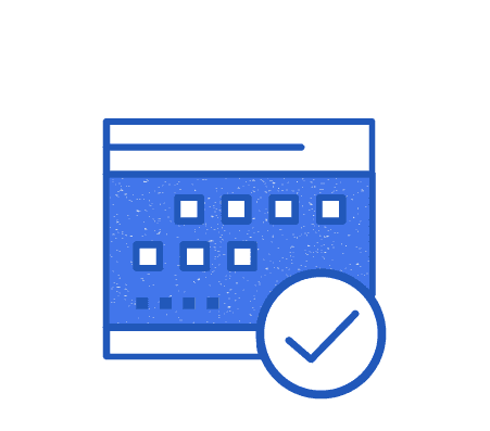 Blue illustration of a calendar interface with a checkmark representing completed scheduling tasks.