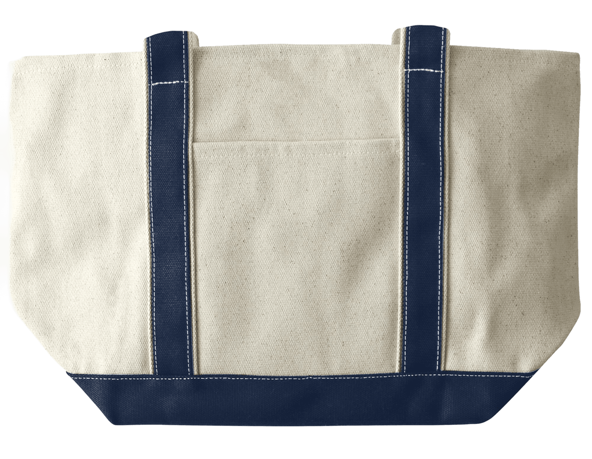 A natural colored canvas tote bag with navy blue straps and trim. The bag has a front pocket.