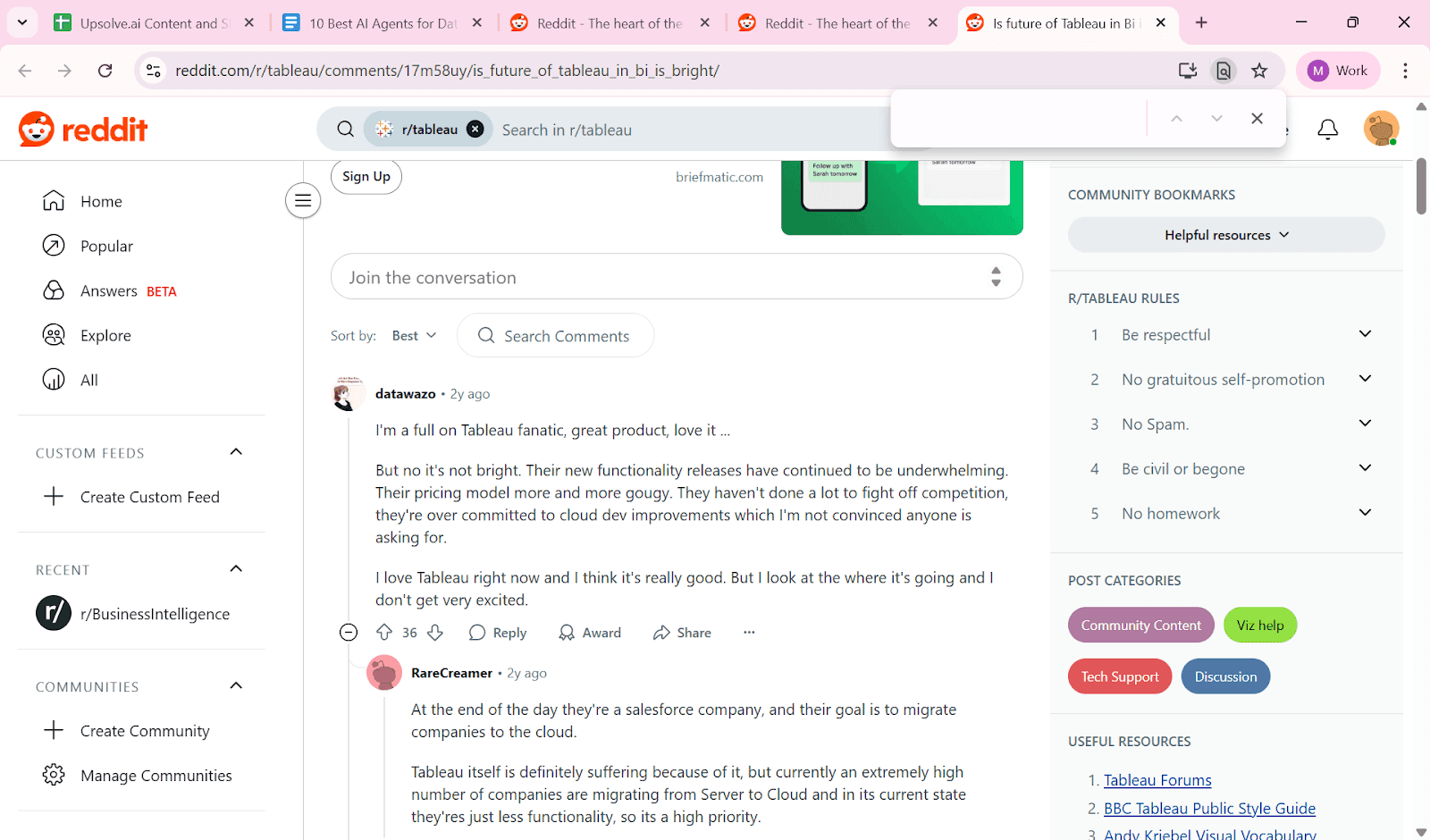 Reddit discussion where users share mixed opinions on Tableau, praising the product but expressing concerns about future innovation and pricing