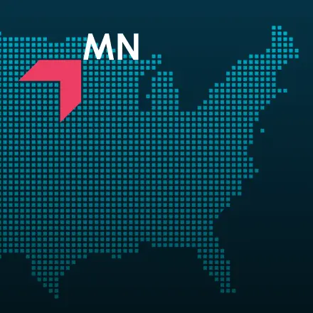 Map highlighting Minnesota with a red arrow, representing GIA Group, LLC truck insurance coverage area.