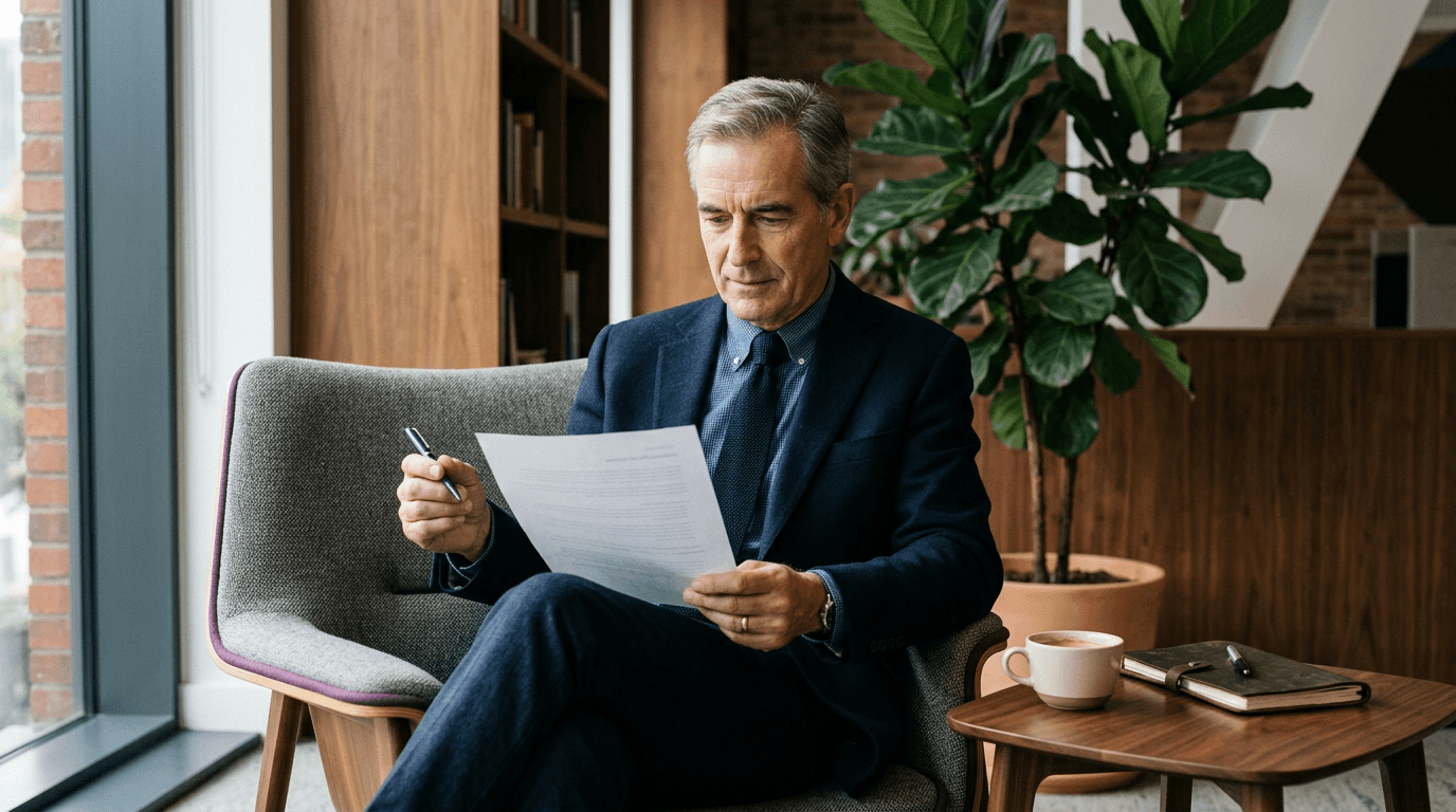 Senior communications leader reviewing a printed brief in a quiet, design-forward office, weighing which story to address