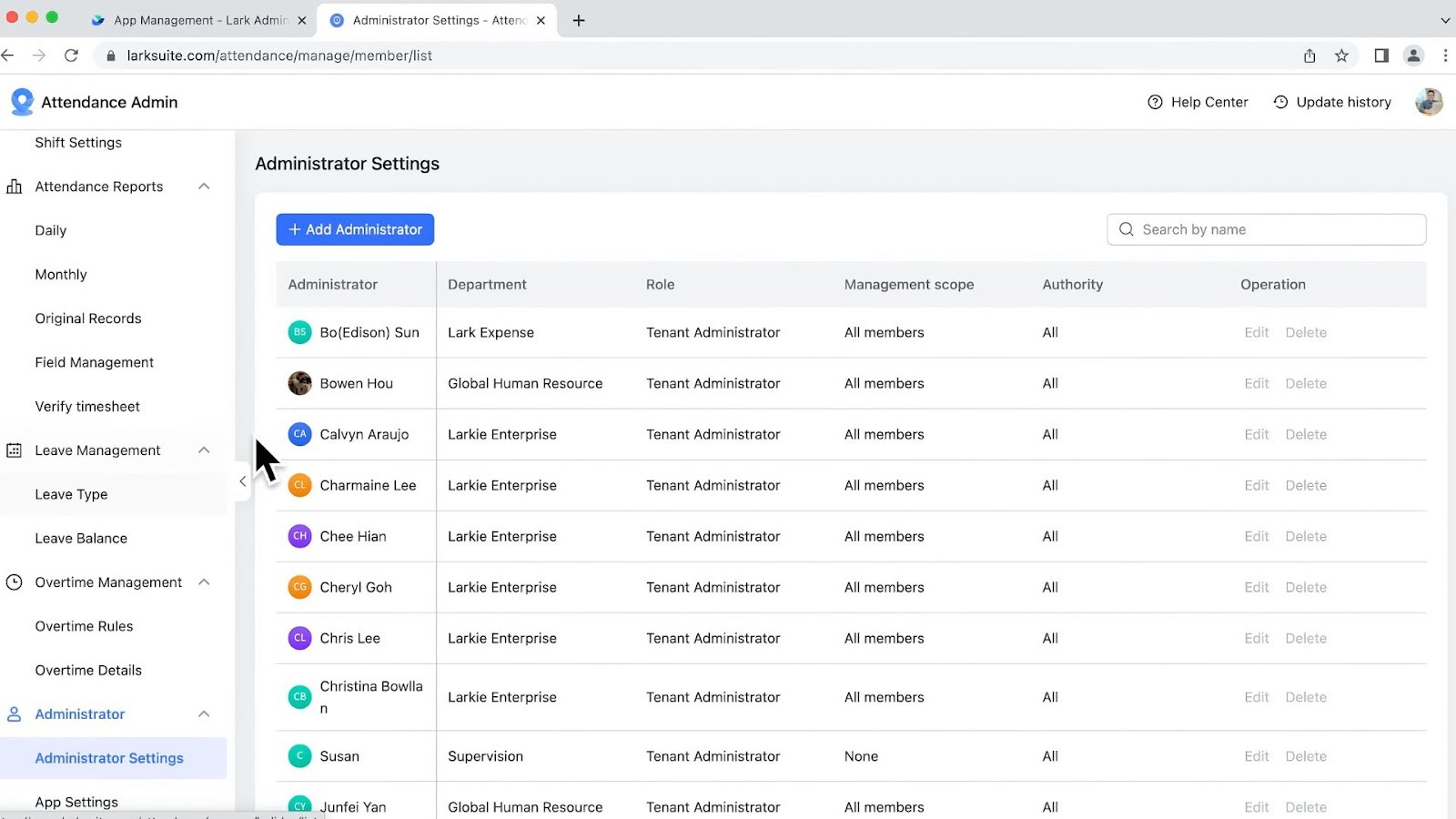 Lark's Attendance administrator settings