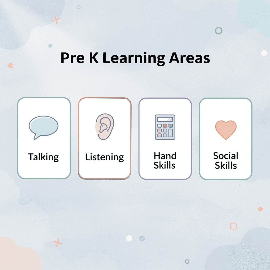  Cards showing five core Pre K learning areas with icons - Pre K Homeschool Curriculum 