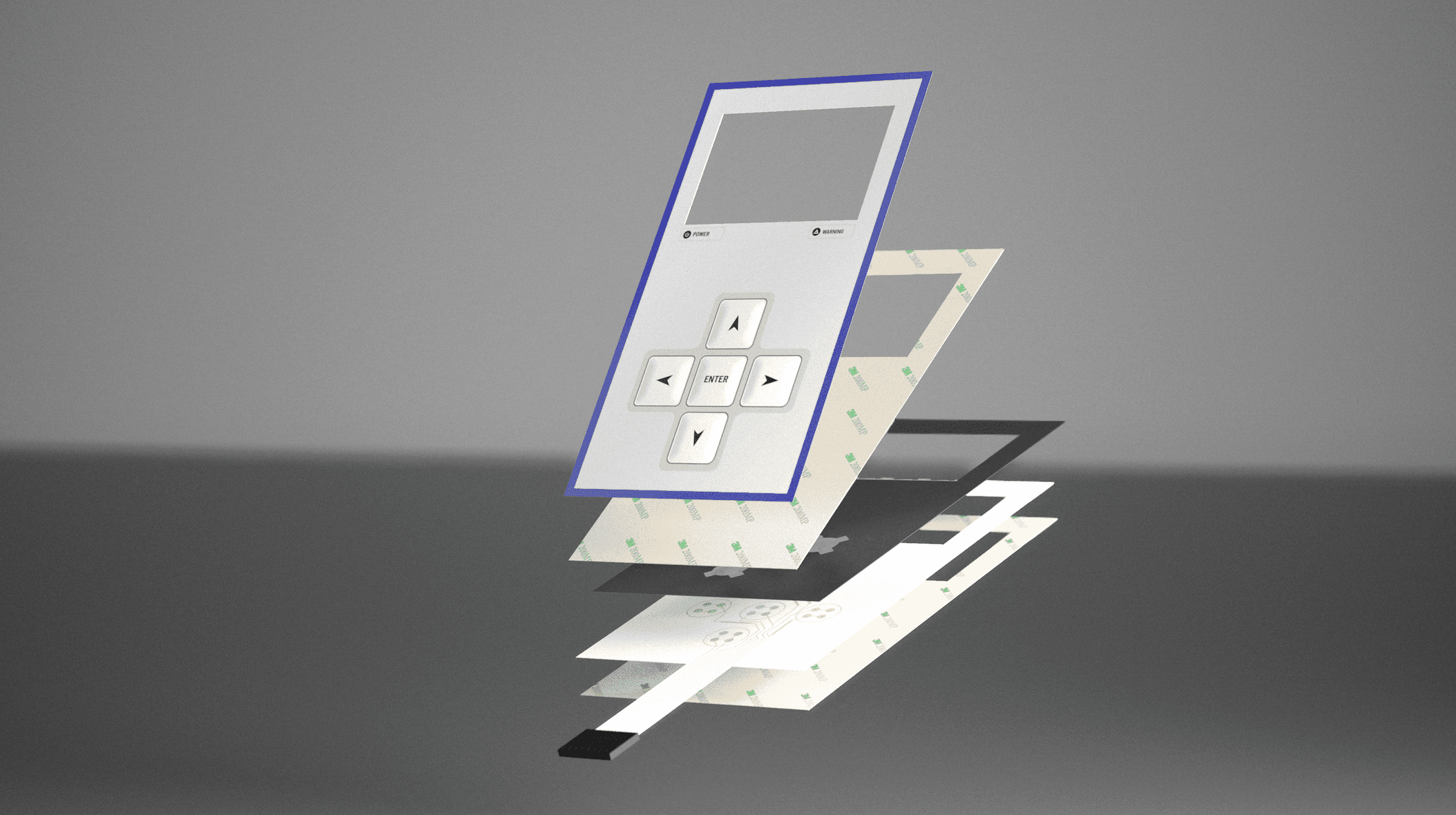 Exploded view of a membrane panel illustrating its layered construction and key benefits