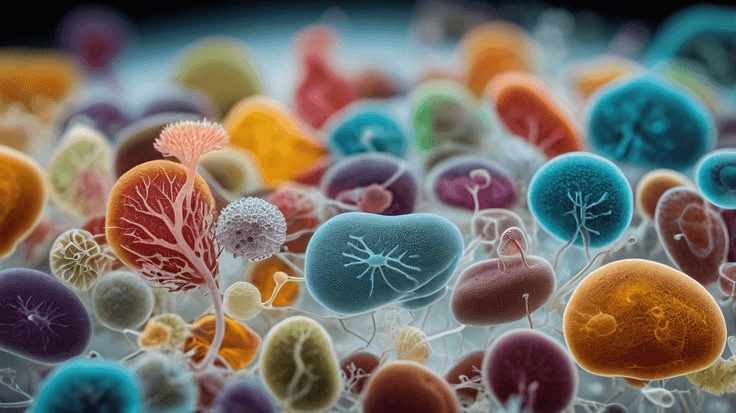 Colorful microscopic organisms, detailed macro image, microbiology study, diverse shapes and textures