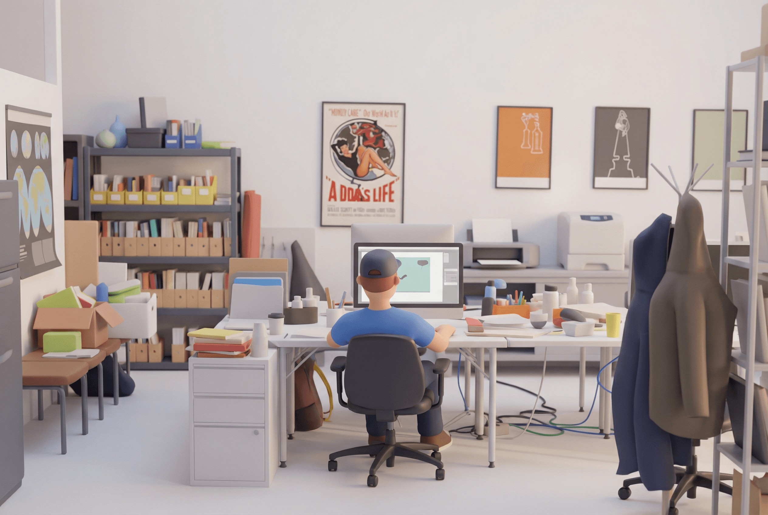 Spacious open-plan office with rows of desks and striking circular ceiling lights.