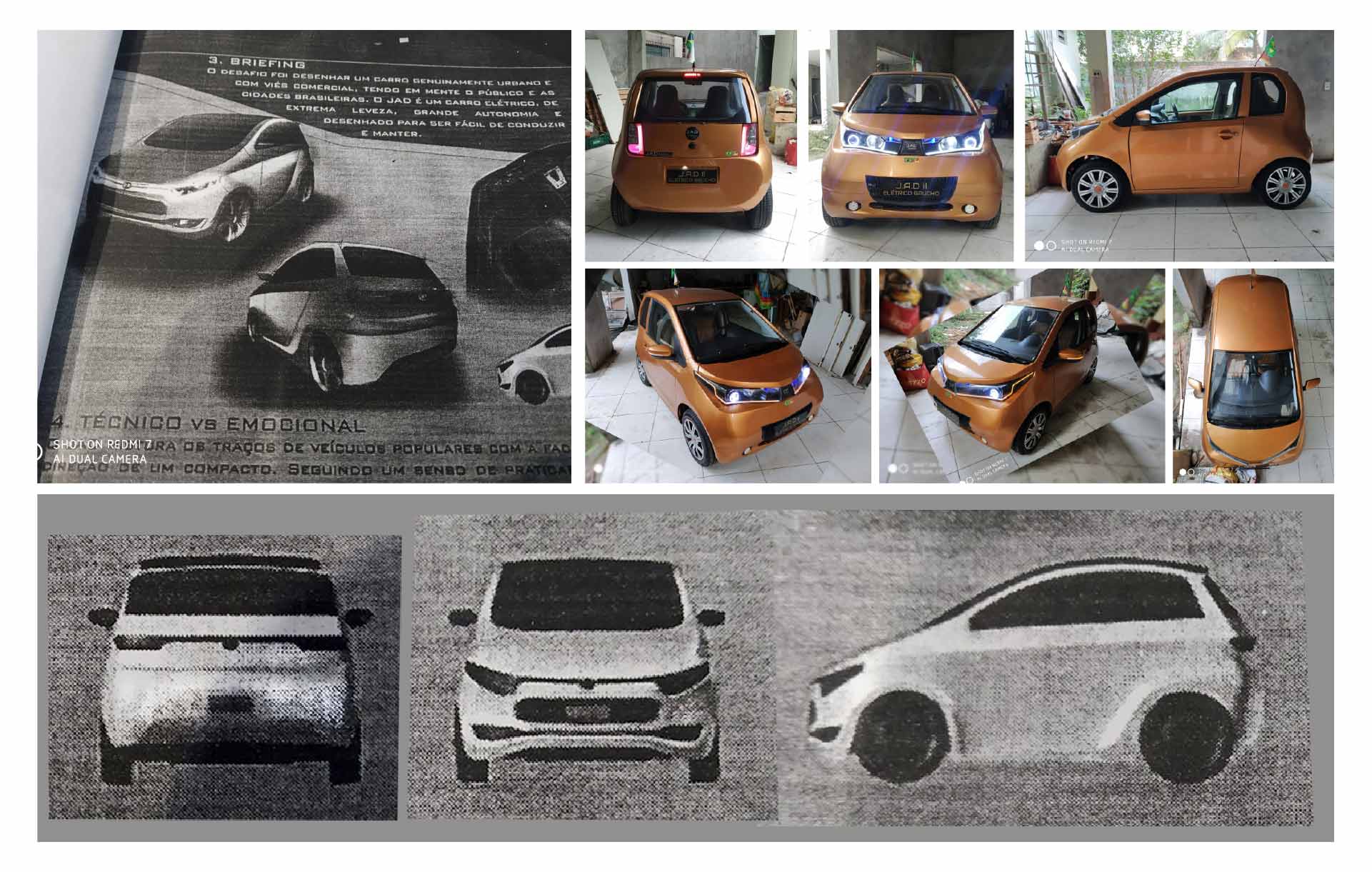 Reference board with drawings, photographs, dimensions, and automotive details used to model the JAD 3.