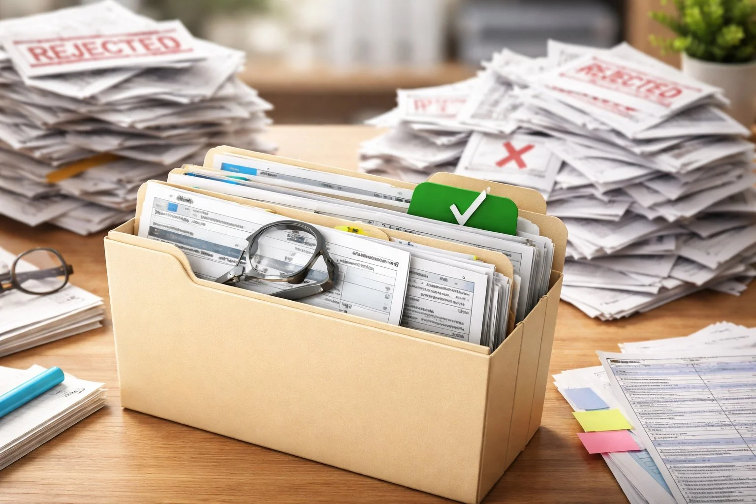 Neatly organized folder with approved supporting documents like medical and insurance papers, contrasted with rejected documents in the background.