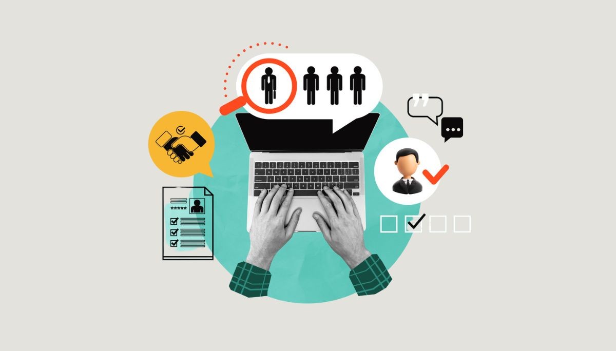 Stylized image of recruitment process with laptop and candidate selection graphics, symbolizing Topgrading interviews.