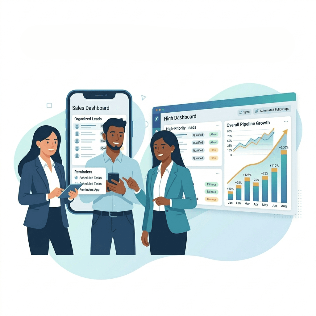 Sales team using a mobile lead capture app with organized contacts and growth in sales performance