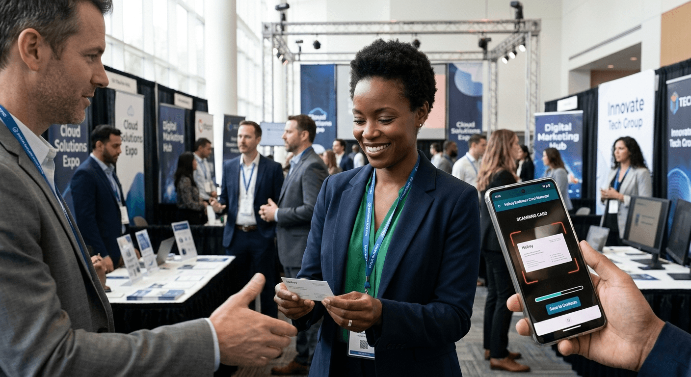 Small business owner scanning a business card at a trade show using Habsy Business Card Manager to capture networking leads instantly.
