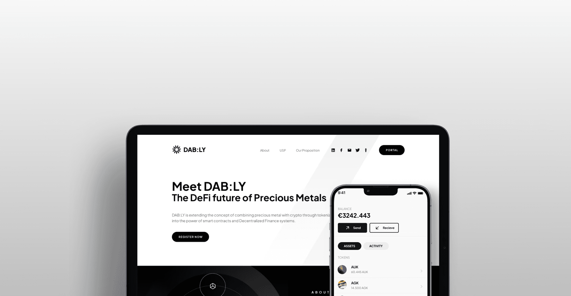 Mobile interface of DAB:LY platform showing streamlined design for cryptocurrency transactions and staking