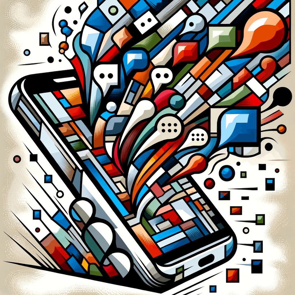 A dynamic and colorful cubist representation of a smartphone with multiple text and image bubbles emerging from the screen, symbolizing the overwhelming flow of digital communication in the modern era. The design features bold lines, geometric shapes, and a diverse palette, conveying the complex and interconnected nature of contemporary online interactions.