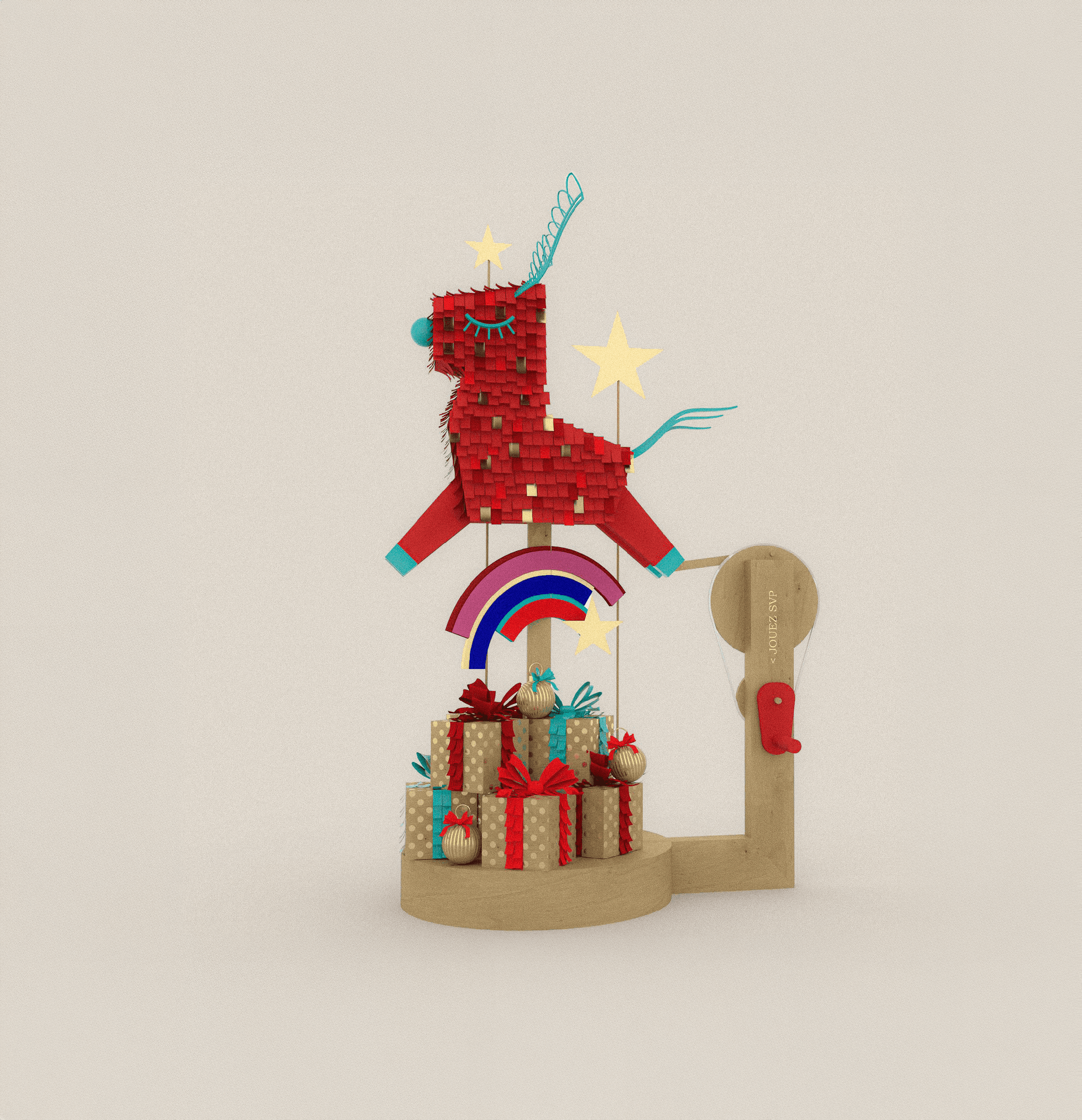 Studio 3D render of an animated wooden reindeer toy for the Hermès holiday scenography, featuring red fringed textures, blue antlers, and a mechanical crank system over a pile of gold-dotted gift boxes, designed by WM Paris.
