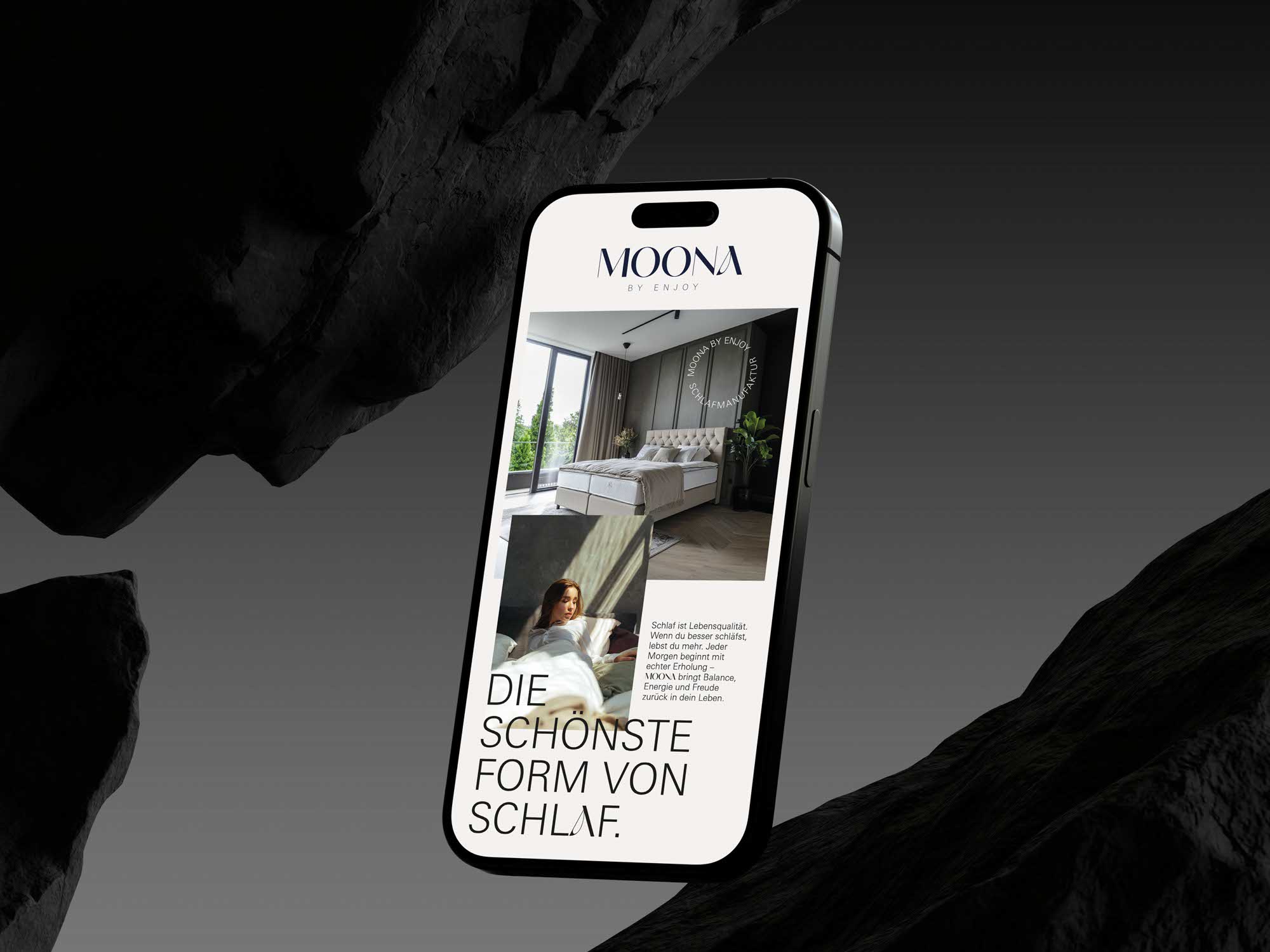Startseite der MOONA-Website – emotionales Markenbild mit Fokus auf Schlafkultur und Design