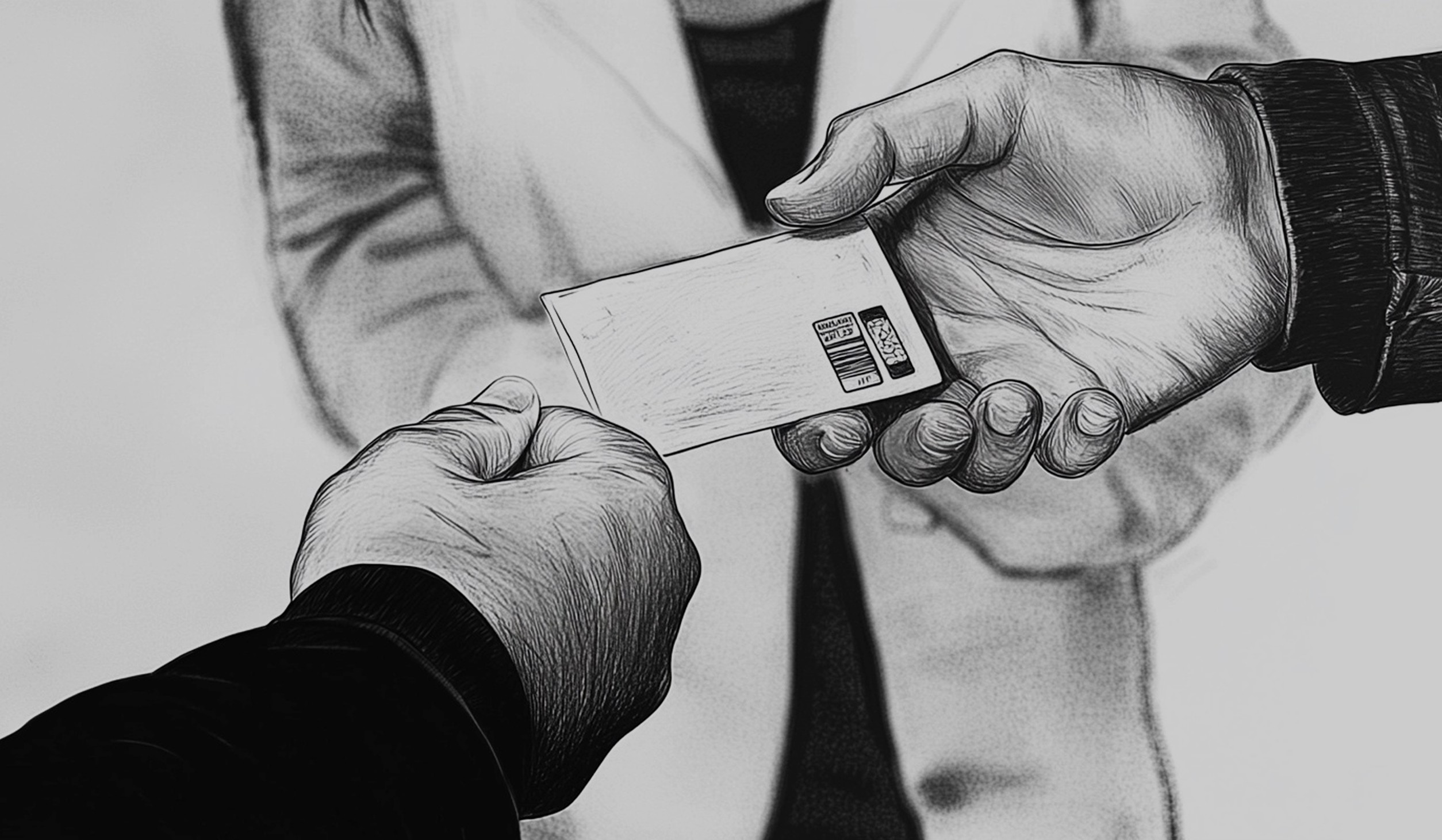 Pencil sketch of someone passing a concert ticket to someone else