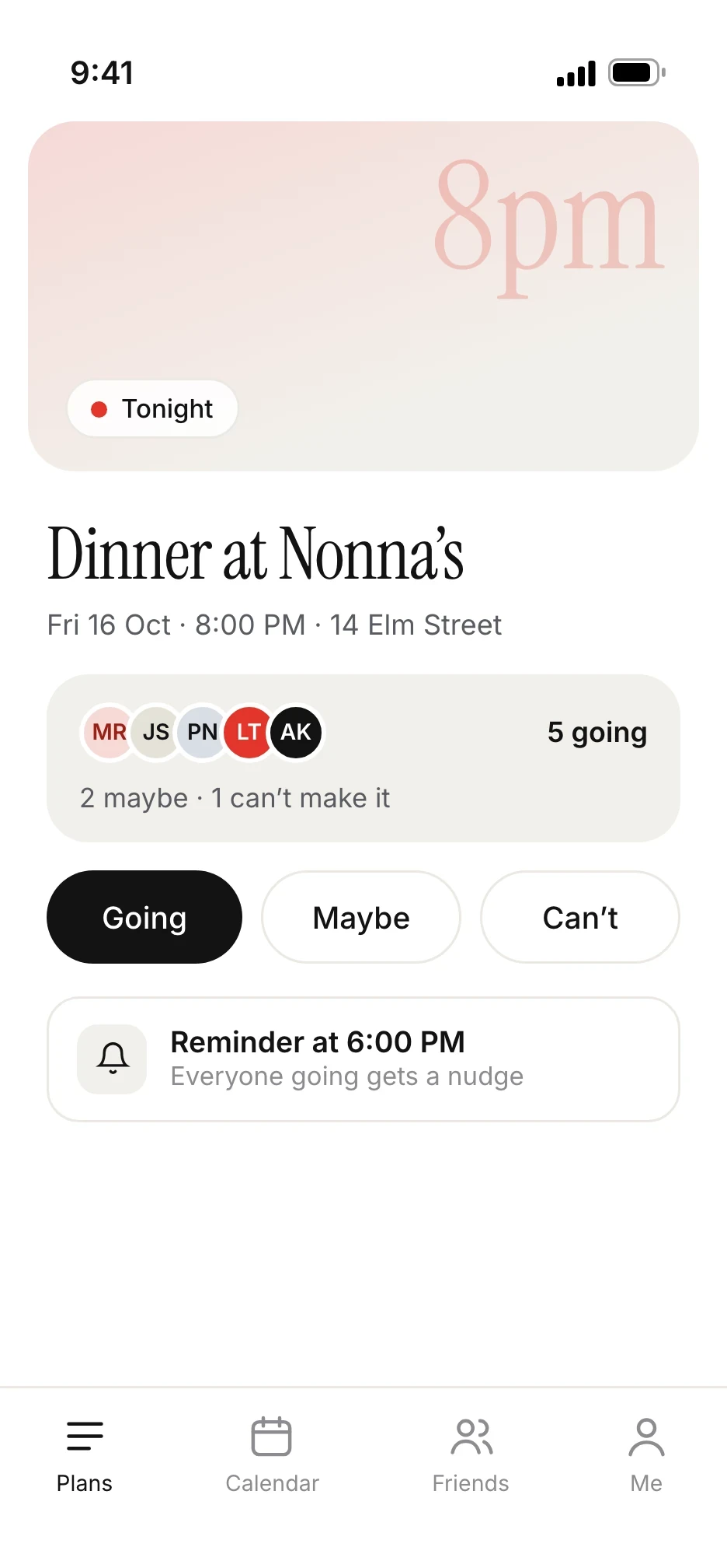An event with RSVPs and a reminder