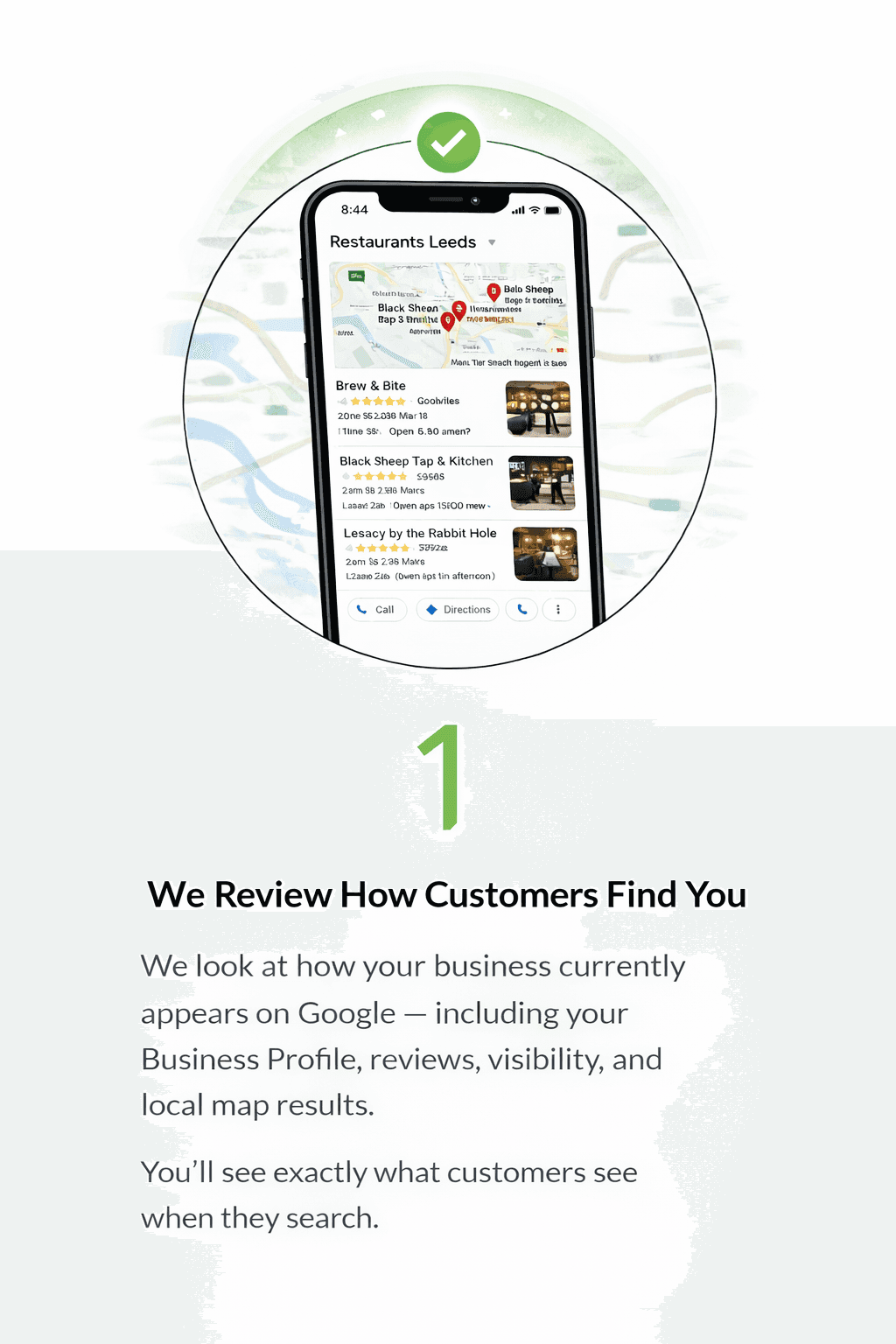 Smartphone displaying Google local search results inside a circular frame, representing how customers find your business through Google Business Profile, reviews, visibility, and local map listings.