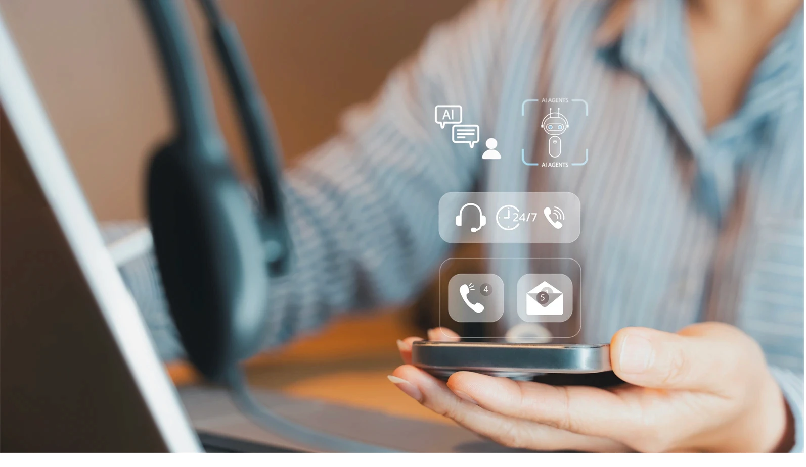 Customer AI Mobile And Laptop Helpdesk Experience, Communication Care For Ecommerce Business, Technology In Hand, Computer, Digital Marketing, Finance, Smartphone Innovation And Internet Call Center