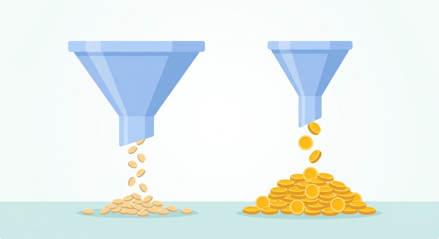 Two funnels comparing revenue per install: a wide free-access funnel with small coins versus a narrow pay-upfront funnel with larger coins