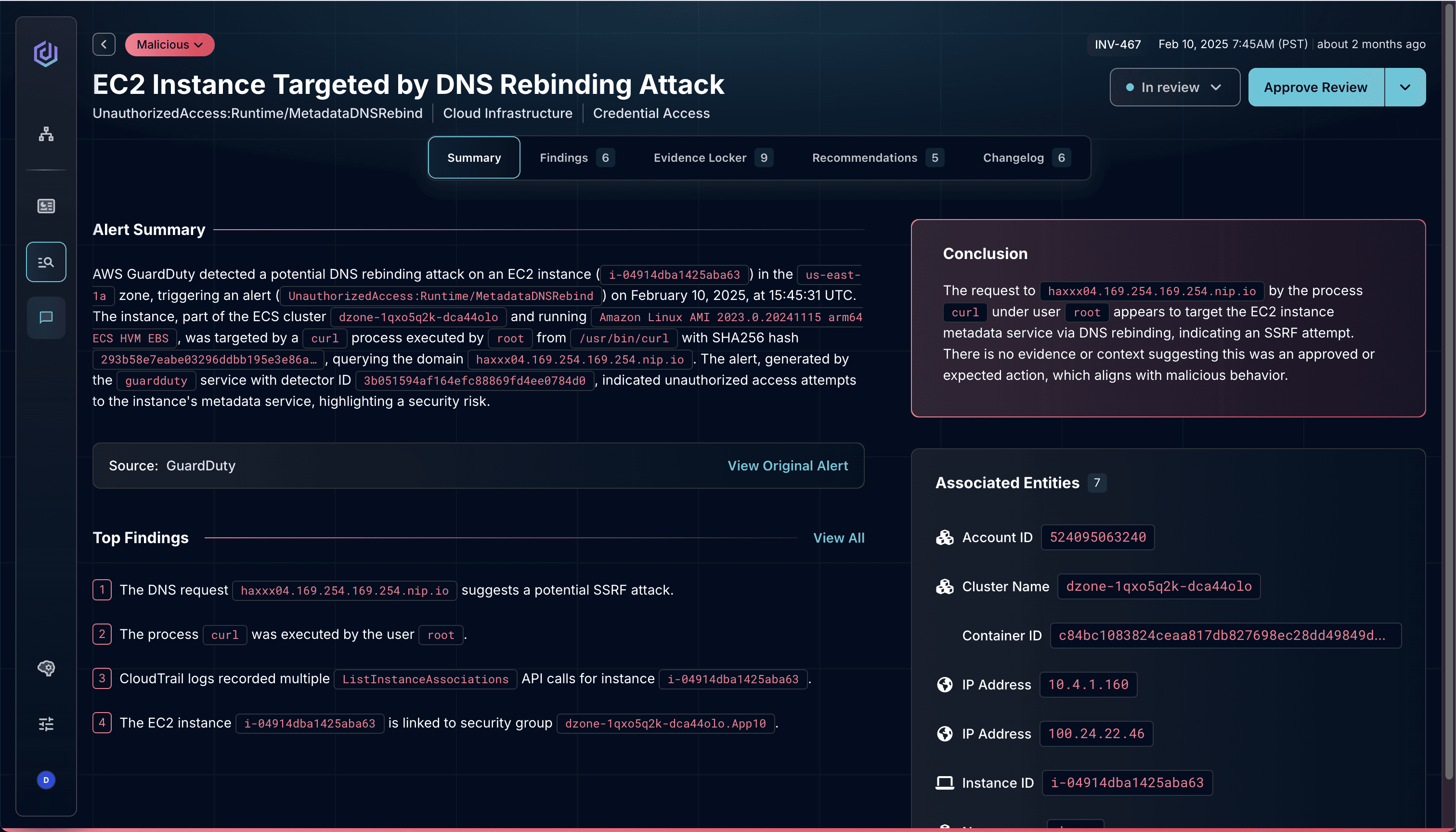 Dropzone AI investigation of an AWS GuardDuty DNS rebinding alert, with a malicious conclusion and supporting findings.