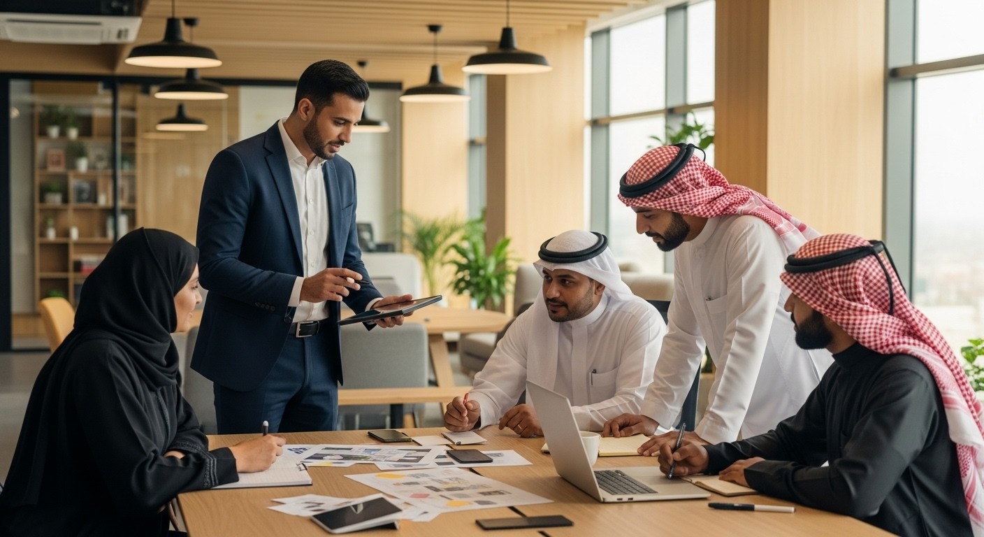 A meeting scene with four individuals, two men in traditional Saudi thobes and two women in hijabs, sitting at a conference table with open laptops. A fifth person, a man in a business suit, is standing and speaking to them. The image is used on a website for a No-Code Agency in Egypt.