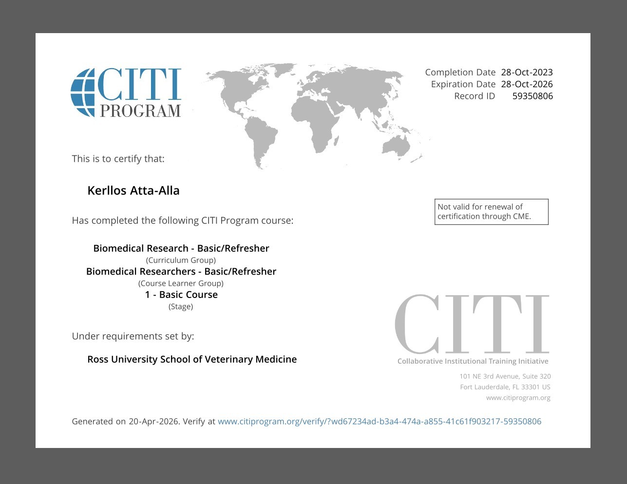 CITI Biomedical Researchers Basic Refresher completion certificate for Kerllos Atta-Alla, completed October 28, 2023