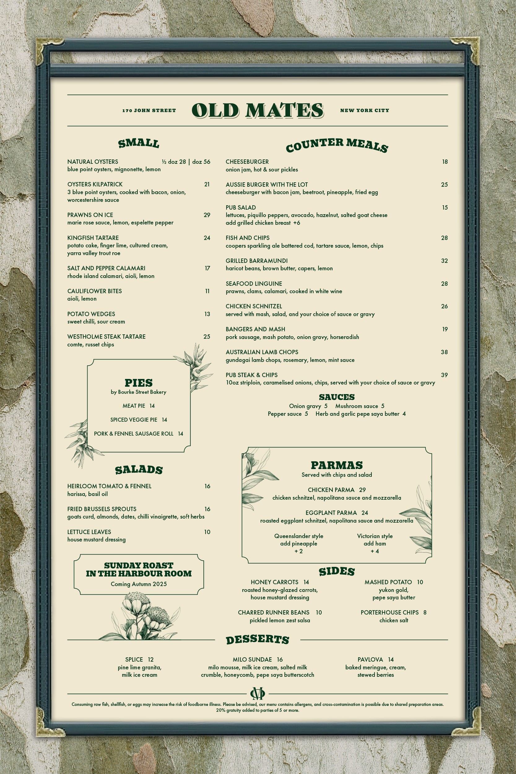 Old Mates menu design with Australian native flora illustrations
