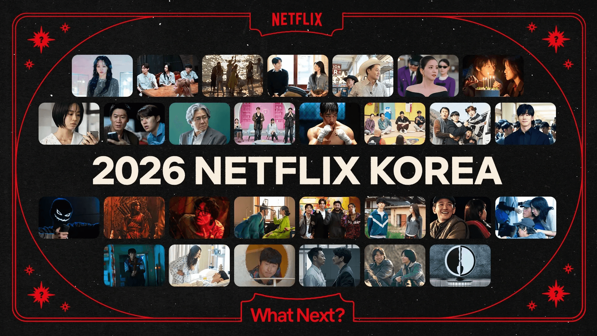 '2026 NETFLIX KOREA'라는 문구와 함께 넷플릭스에서 서비스되는 수십 개의 한국 콘텐츠 포스터들이 격자 형태로 나열된 이미지입니다.