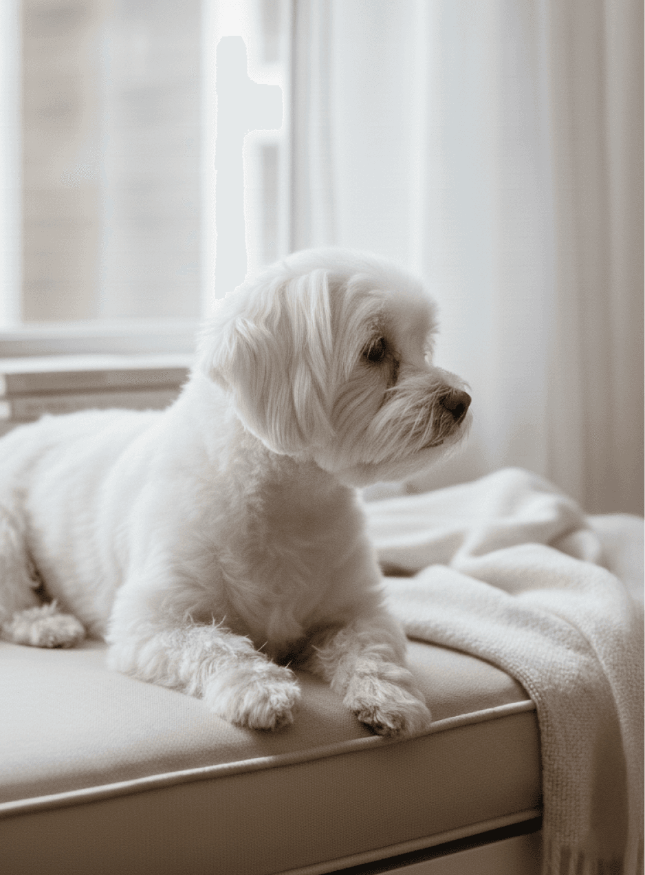 Maltese dog resting on a sofa by a window, looking outward with slightly watery eyes in soft indoor light.